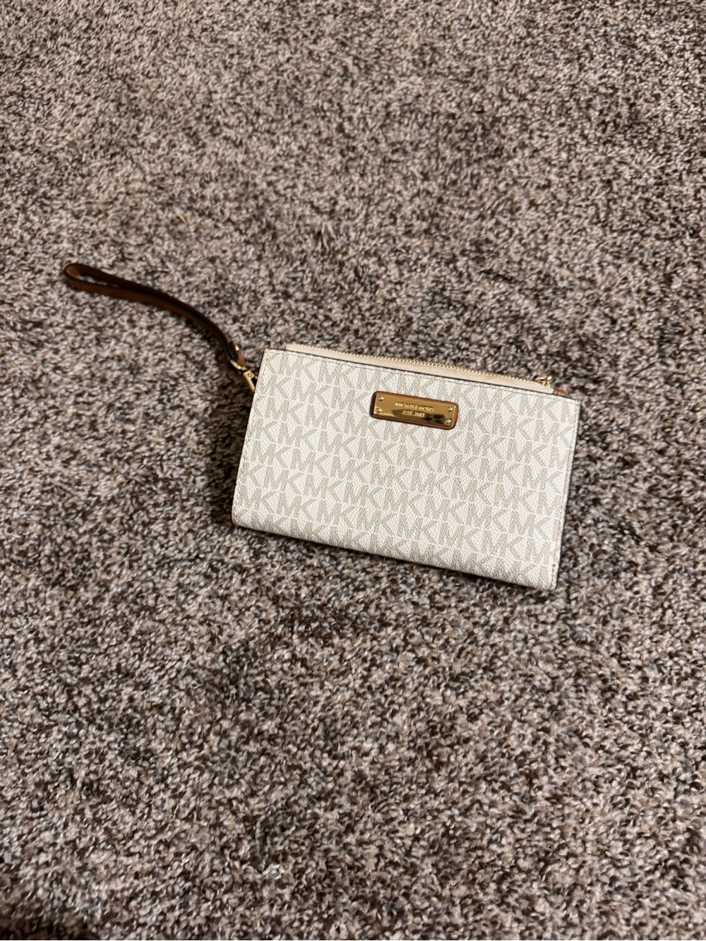 Michael Kors Cream Logo Wristlet Clutch with Brown Strap